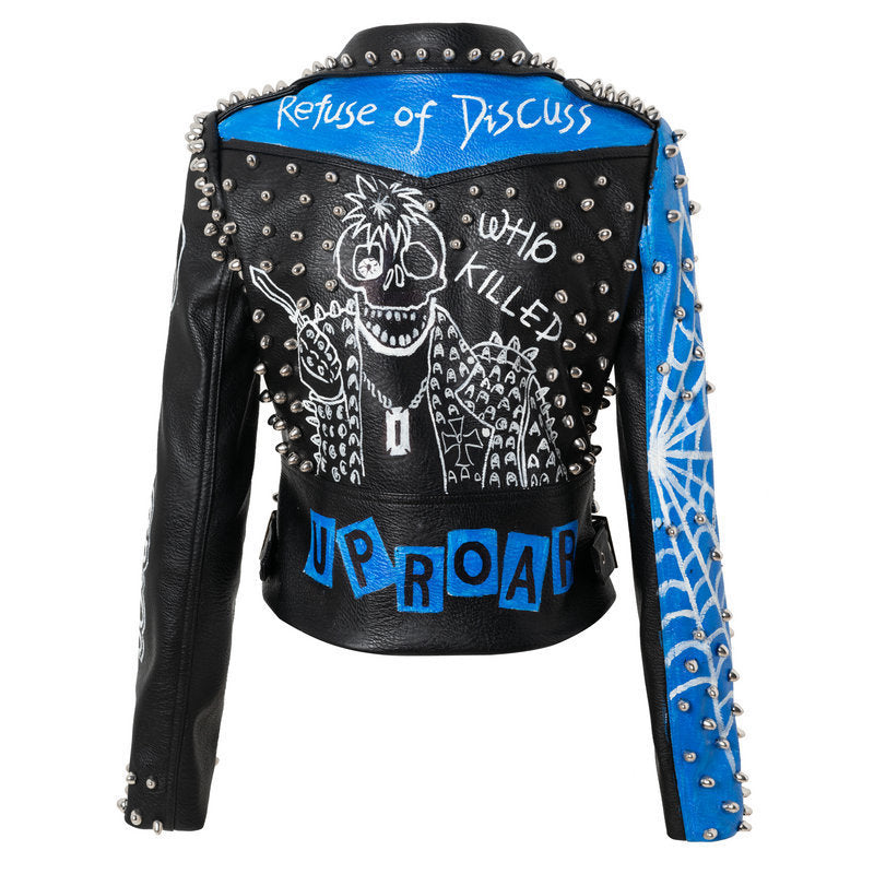 European And American Plus Size Motorcycle Leather Jacket Slim Fit English Letter Rivet Jacket