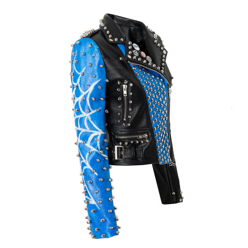 European And American Plus Size Motorcycle Leather Jacket Slim Fit English Letter Rivet Jacket